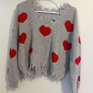 Gray and Red Heart Sweater
